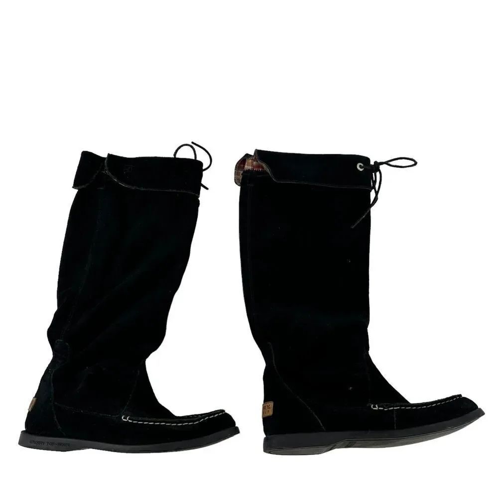 Sperry Moccasin Boots Black Suede Leather Tall Pull On Womens Size 7 Southwest